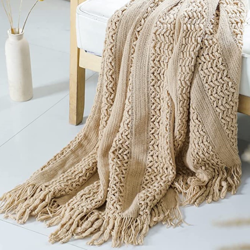 Wool Blanket Herringbone - İskandinav tarzı kroşe haki battaniye püsküllü
